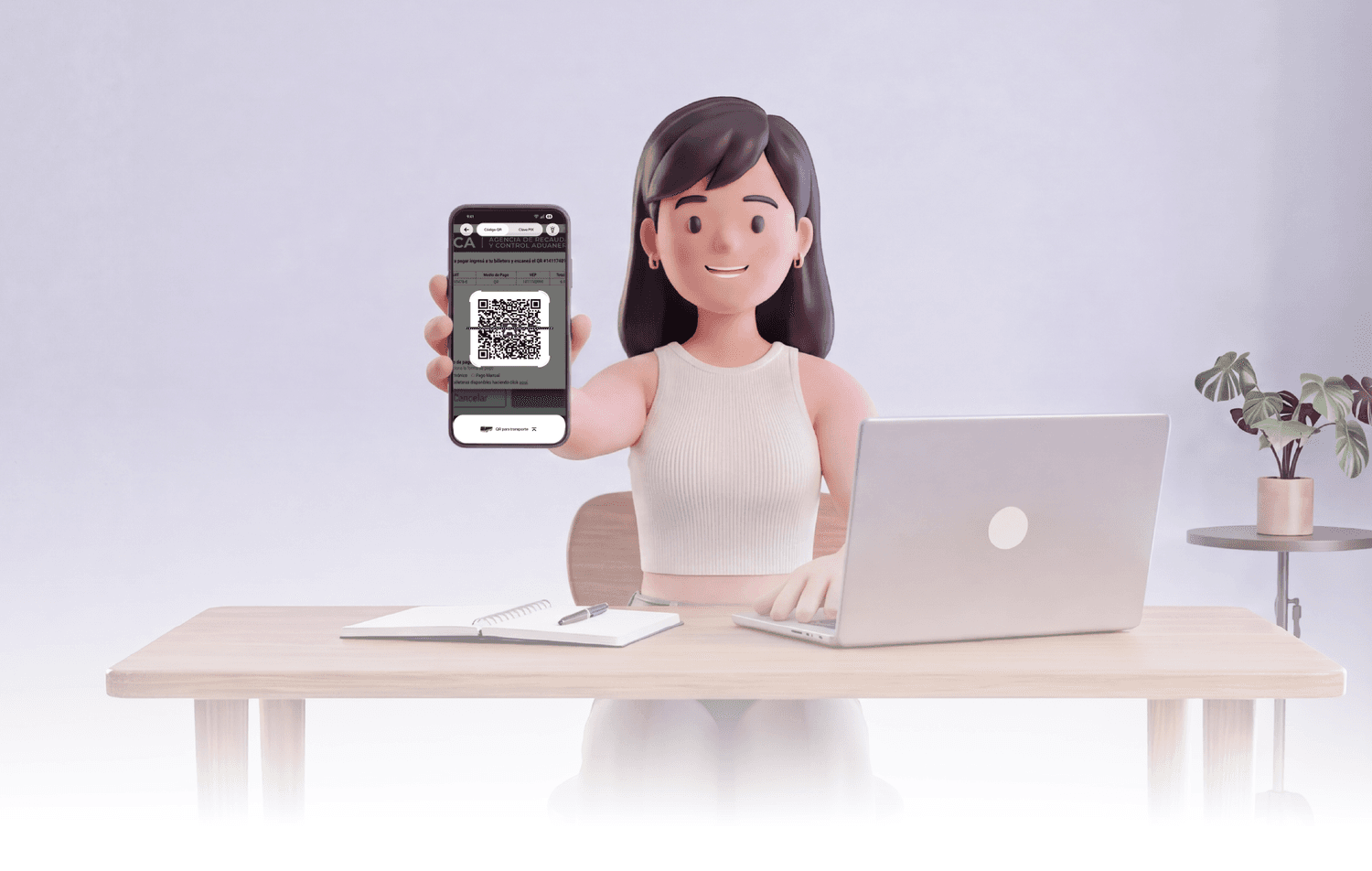 Ilustración de una mujer sentada en escritorio con una computadora y celular en la mano, mostrando web de ARCA