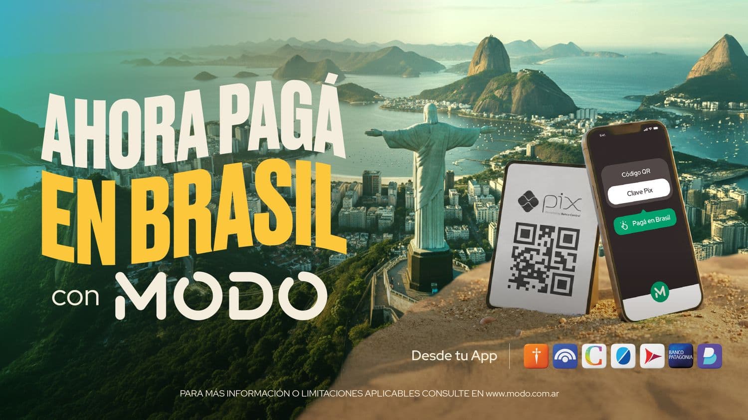 Publicidad de MODO con el Cristo Redentor de fondo. El texto dice 'AHORA PAGÁ EN BRASIL con MODO'. Muestra un código QR de Pix y un celular con la app lista para pagar. Abajo se ven logos de bancos aliados e indica consultar en www.modo.com.ar