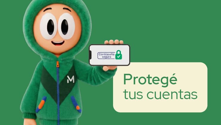 MODI (personaje de MODO sosteniendo un celular con el mensaje "Contraseña segura" para proteger tus cuentas