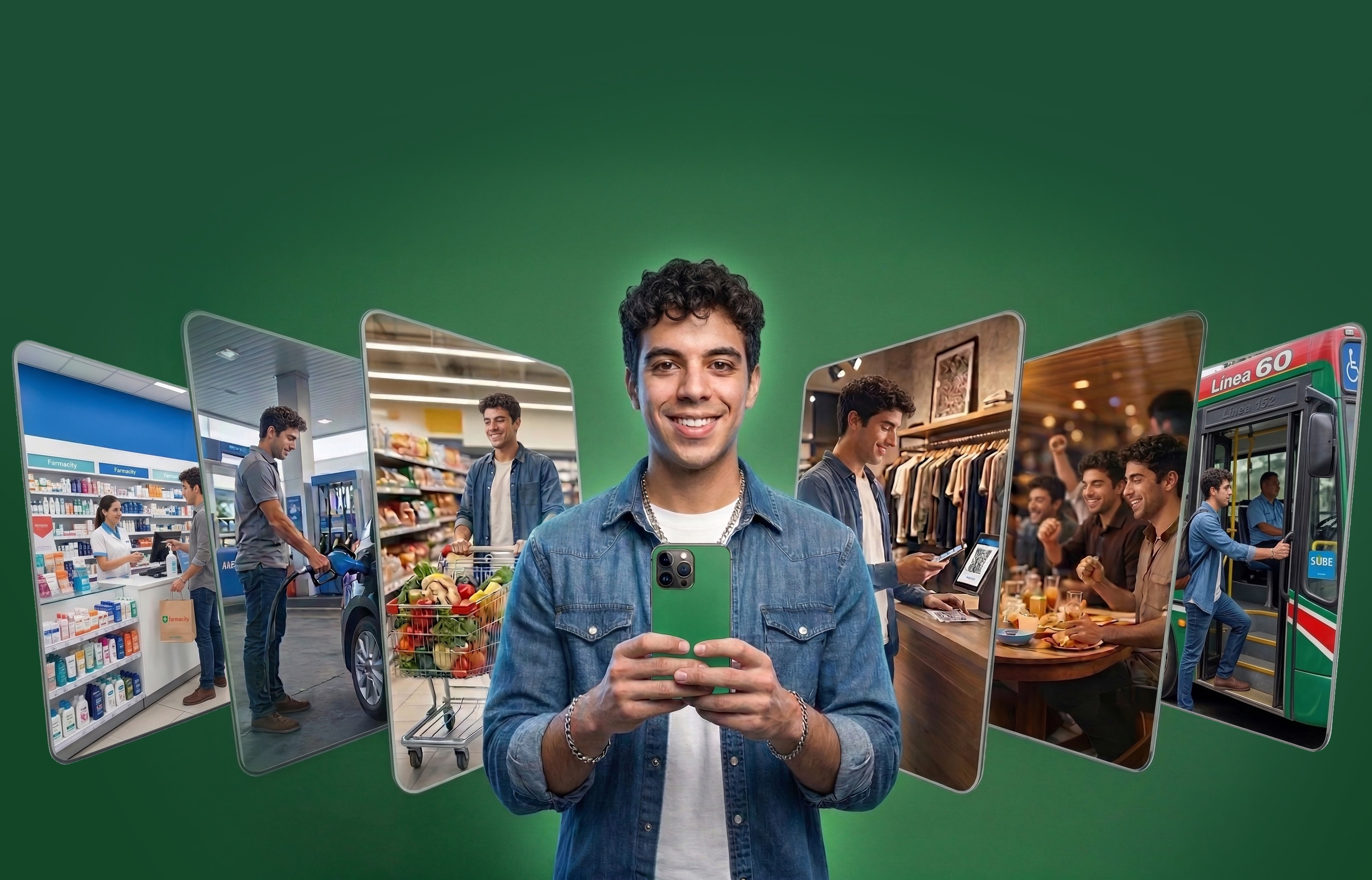 Persona usando MODO en el celular con escenas de pago en farmacia, estación de servicio, supermercado, local de ropa, restaurante y colectivo.