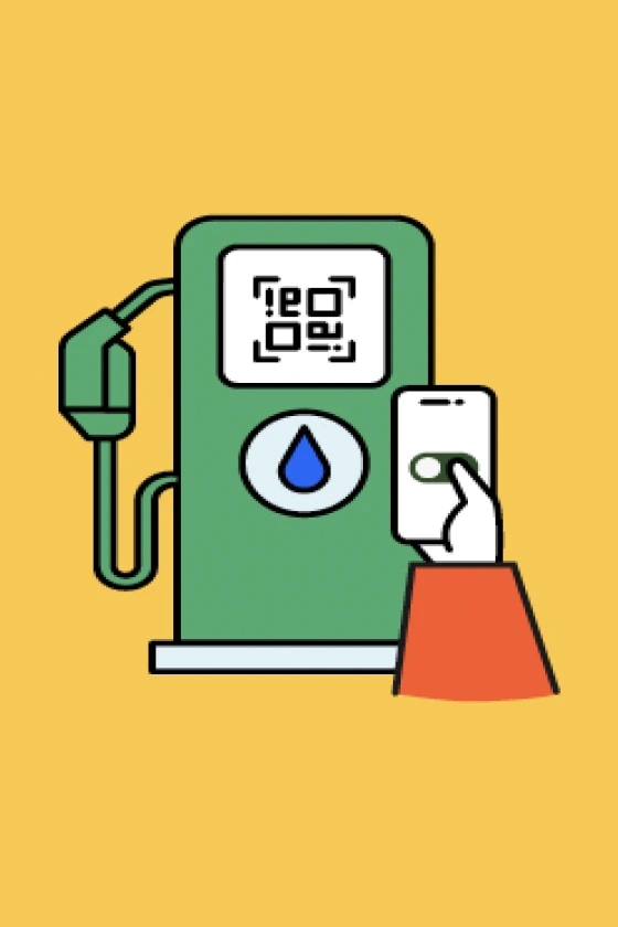 Ilustración de una persona haciendo una compra con QR en una estación de combustible