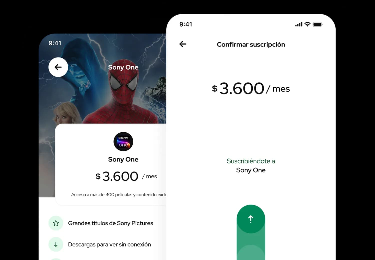 Pantallas de referencia de la suscripción a Sony One a través de MODO