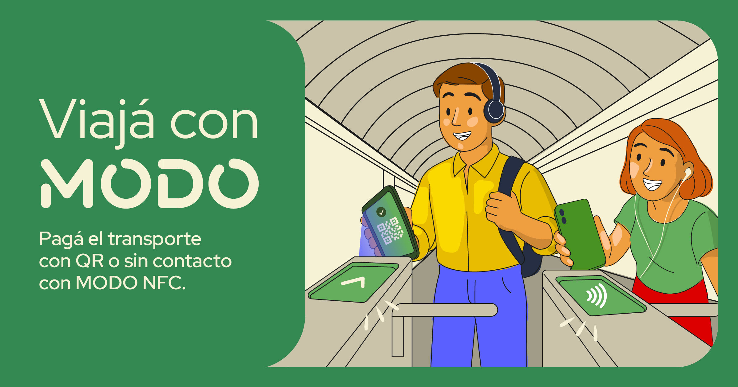 Dos personas pagando el transporte con MODO usando QR y NFC