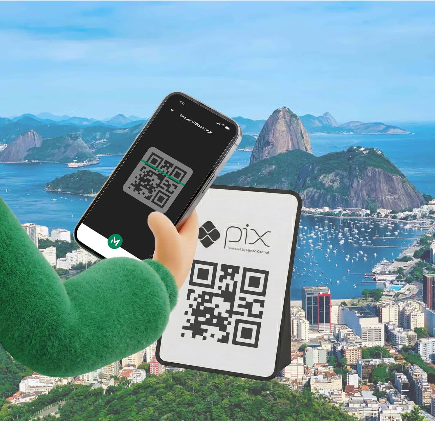 MODI scanning a Pix QR code with a smartphone against a scenic view of Rio de Janeiro
