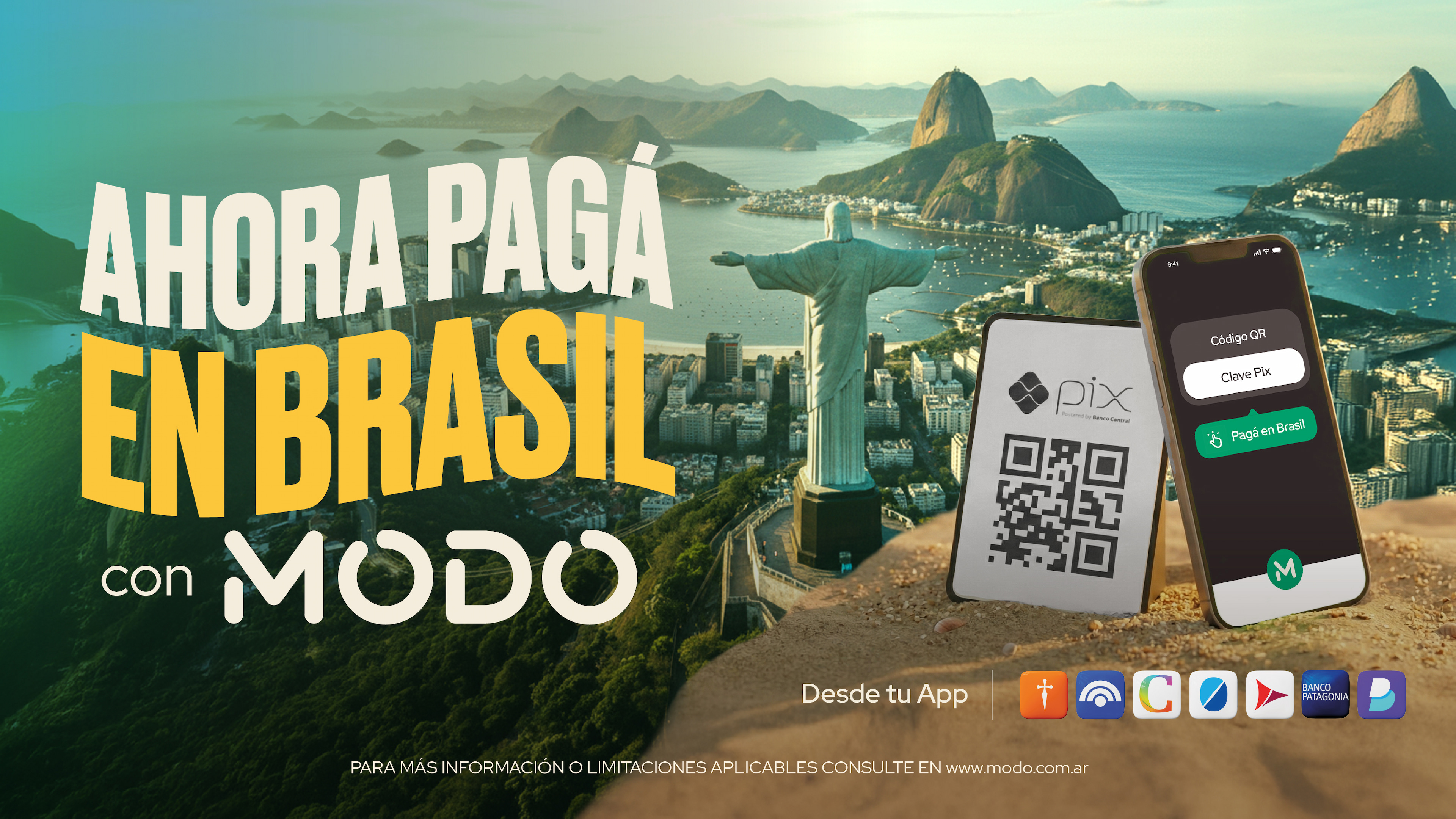 Publicidad de MODO con el Cristo Redentor de fondo. El texto dice 'AHORA PAGÁ EN BRASIL con MODO'. Muestra un código QR de Pix y un celular con la app lista para pagar. Abajo se ven logos de bancos aliados e indica consultar en www.modo.com.ar