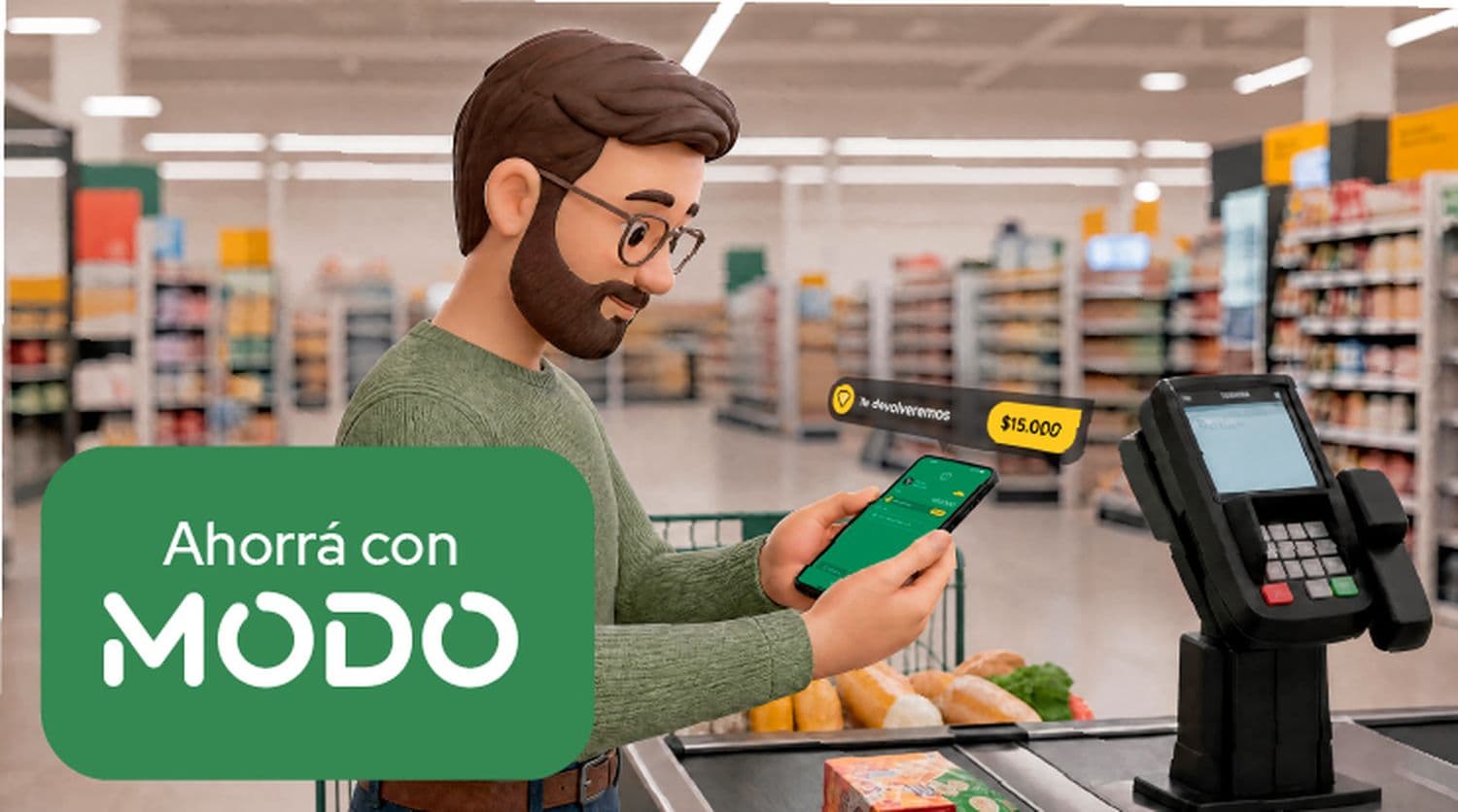 ilustración de un hombre pagando con su celular en un supermercado. texto ahorrá con MODO