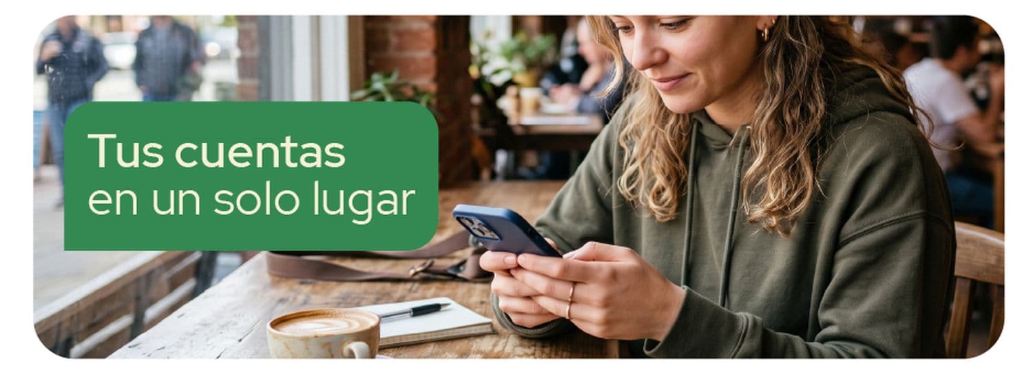 Mujer en un café usando su celular con la app MODO, junto al texto "Tus cuentas en un solo lugar".