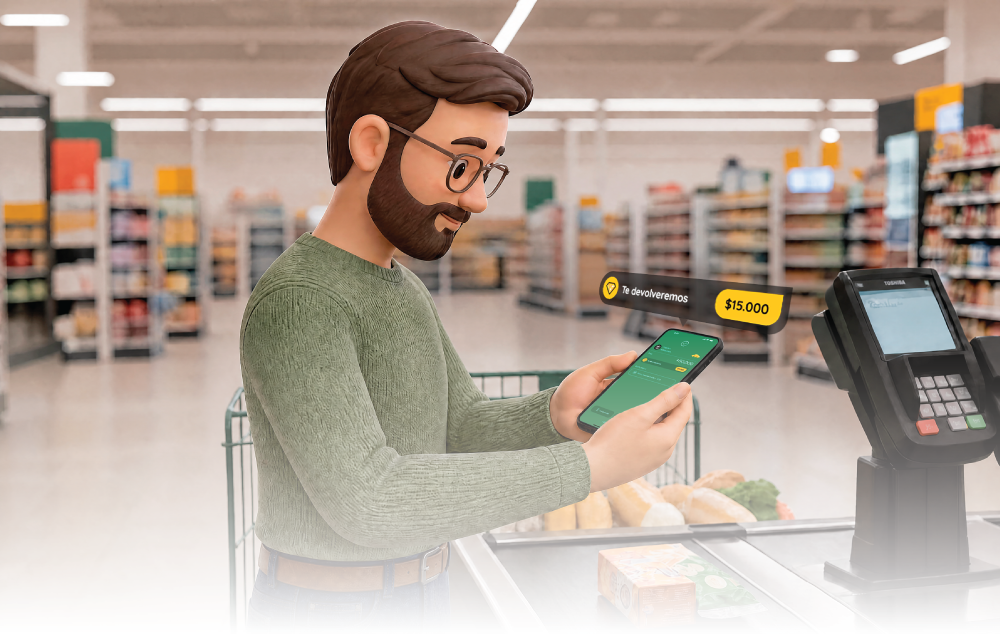 Hombre pagando en el supermercado y obteniendo beneficios