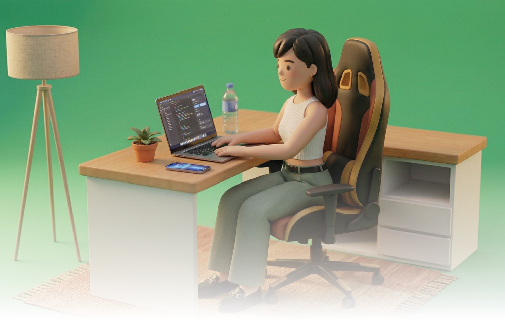 Mujer sentada en el escritorio frente a una computadora